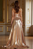 Champagne A Line Satin Sweetheart Metallic Prom Dress with Slit