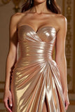 Champagne A Line Satin Sweetheart Metallic Prom Dress with Slit
