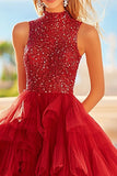 Sparkly Red Ball Gown High Neck A Line Tulle Tiered Prom Dress