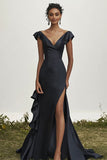 Black Satin Sheath V-Neck Ruffled Maxi Prom Dress with Slit
