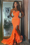 Orange Mermaid Ruffled Strapless Long Prom Dress with Slit