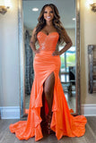 Sparkly Orange Mermaid Sweetheart Ruffled Long Prom Dress with Slit