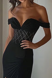 Black Mermaid Off the Shoulder Satin Long Prom Dress Slit