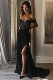 Sparkly Black Mermaid Satin Pleated Long Prom Dress with Slit
