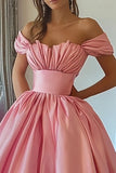 Pink A Line Satin Off the Shoulder High Waist Long Prom Dress