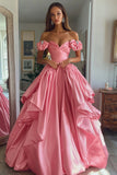 Princess Pink A Line Satin Off the Shoulder Long Prom Dress with Ruffles