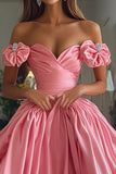 Princess Pink A Line Satin Off the Shoulder Long Prom Dress with Ruffles