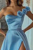 Sky Blue A Line Satin One Shoulder Flower Long Prom Dress with Slit