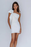White Satin One Shoulder Mini Bodycon Graduation Dress with Bow