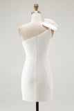 White Satin One Shoulder Mini Bodycon Graduation Dress with Bow