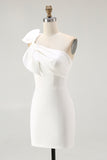 White One Shoulder Satin Mini Bodycon Graduation Dress with Bow