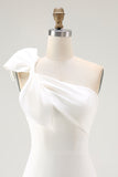 White One Shoulder Satin Mini Bodycon Graduation Dress with Bow