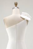 White One Shoulder Satin Mini Bodycon Graduation Dress with Bow
