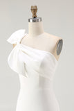 White One Shoulder Satin Mini Bodycon Graduation Dress with Bow