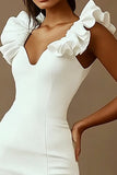 White Satin V-Neck Mini Graduation Dress with Ruffles