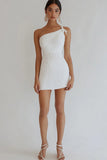 White Short Bodycon One Shoulder Pleated Graduation Dress