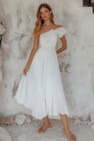 White A Line Pleated Tea Length Rehearsal Dinner Dress with Ruffles
