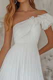 White A Line Pleated Tea Length Rehearsal Dinner Dress with Ruffles