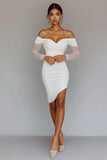 White Satin Bodycon Off the Shoulder Graduation Dress with Sheer Sleeves