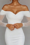 White Satin Bodycon Off the Shoulder Graduation Dress with Sheer Sleeves