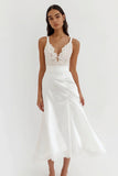 White Satin A Line Tea Length Rehearsal Dinner Dress with Lace Appliques