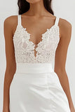 White Satin A Line Tea Length Rehearsal Dinner Dress with Lace Appliques