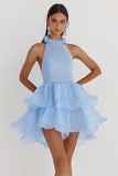 Sky Blue Tulle A Line Halter Tiered Flowy Graduation Dress