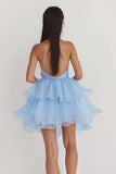 Sky Blue Tulle A Line Halter Tiered Flowy Graduation Dress