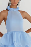 Sky Blue Tulle A Line Halter Tiered Flowy Graduation Dress