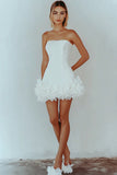 White Satin Strapless Short Graduation Dress with Ruffles