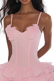 Pink A Line Spaghetti Straps Ruffled Mini Graduation Dress