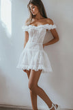 A Line Off the Shoulder White Lace Mini Graduation Dress