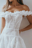 A Line Off the Shoulder White Lace Mini Graduation Dress