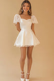 Cute White A Line Satin Short Sleeves Graduation Dress with Lace