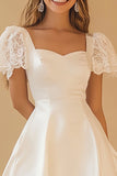 Cute White A Line Satin Short Sleeves Graduation Dress with Lace