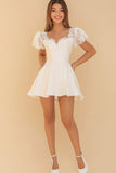 White A Line Satin Short Graduation Dress with Lace