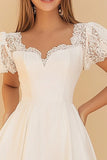 White A Line Satin Short Graduation Dress with Lace
