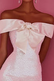 White Bodycon Off the Shoulder Mini Graduation Dress with Bow