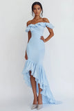 Sky Blue Off the Shoulder Asymmetrical Rehearsal Dinner Dress with Ruffles