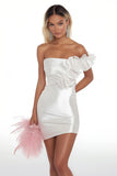 White Bodycon Satin Strapless Mini Graduation Dress with Ruffles