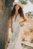 White Stylish Deep V Neck A-Line Lace Boho Maxi Dress