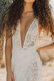 White Stylish Deep V Neck A-Line Lace Boho Maxi Dress
