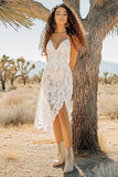 White V Neck Spaghetti Straps Sheath Lace Boho Midi Dress