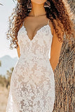 White V Neck Spaghetti Straps Sheath Lace Boho Midi Dress