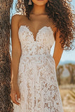 White Sweetheart Sheath Lace Boho Maxi Dress with Slit