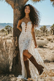 White Strapless Keyhole Sheath Lace Boho Maxi Dress with Slit