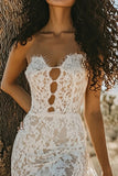 White Strapless Keyhole Sheath Lace Boho Maxi Dress with Slit