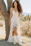 White Spaghetti Straps Sheath Lace High Low Boho Dress
