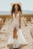 Deep V Neck White Sheath Lace Maxi Boho Dress with Slit