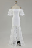Off the Shoulder White Lace Sheath Boho Maxi Dress with Slit